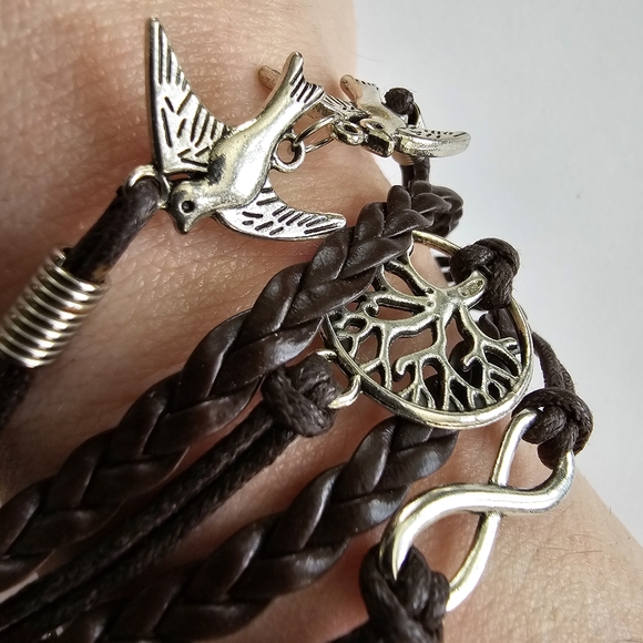 Bracelet with Peace sign, infinity symbol, and tree charms brown silver tone - Picture 4 of 8